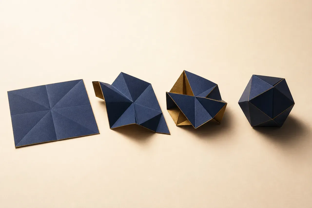 Une feuille de papier se transformant en volume g&eacute;om&eacute;trique, de l&rsquo;origami au papercraft