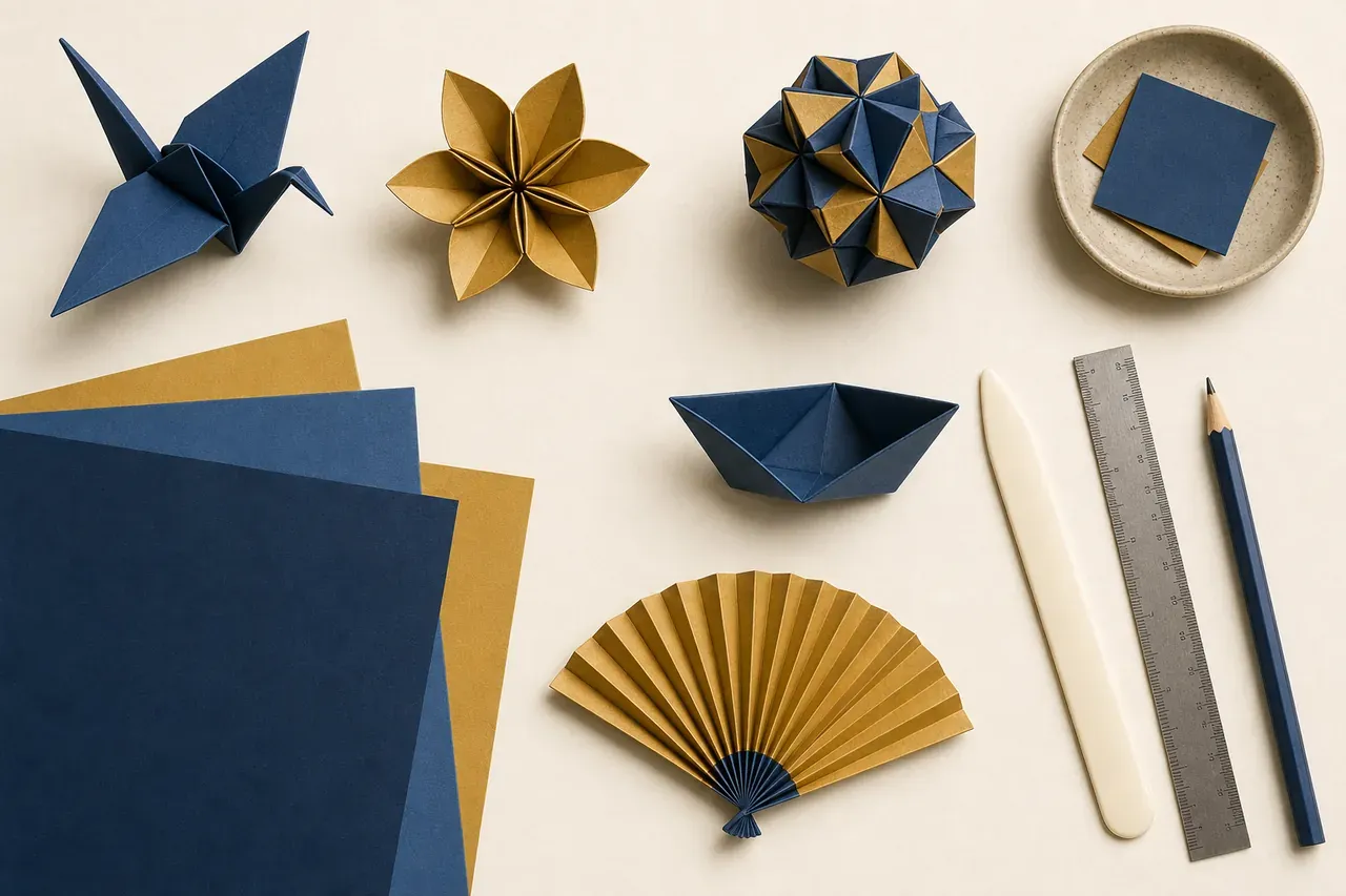 Table d&rsquo;un plieur d&rsquo;origami avec mod&egrave;les et feuilles de papier